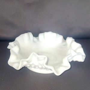 Vintage Fenton Hobnail Milk Glass Ruffle Top Dish